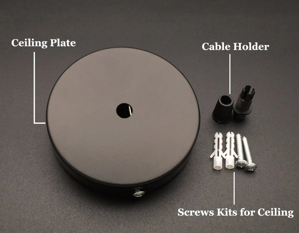 Matte black round ceiling canopy plate with cable holder and screws kit included for pendant light installation — LivDecor
