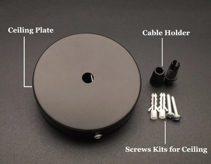 Matte black round ceiling canopy plate with cable holder and screws kit included for pendant light installation — LivDecor
