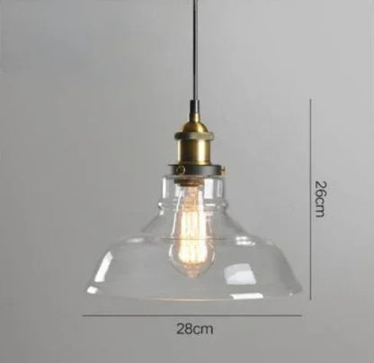 Single clear glass wide barn pendant light with antique brass socket and Edison filament bulb on black cord, 28cm diameter, 26cm height — LivDecor
