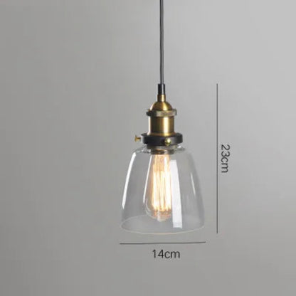 Single clear glass bell pendant light with antique brass socket and Edison filament bulb on black cord, 14cm diameter and 23cm height — LivDecor