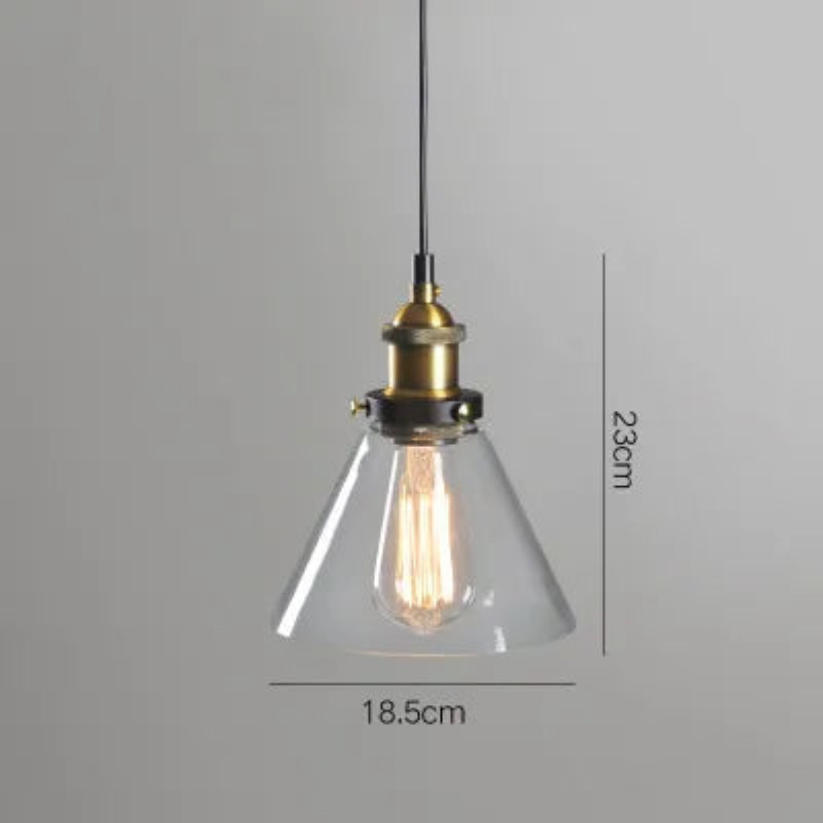 Single clear glass cone pendant light with antique brass socket and Edison filament bulb on black cord, 18.5cm diameter and 23cm height — LivDecor