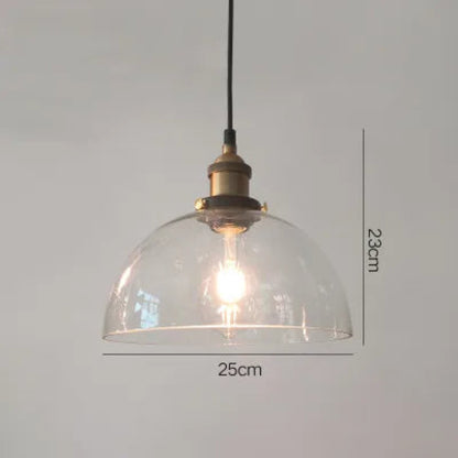 Single clear glass dome pendant light with antique brass socket and Edison filament bulb on black cord, 25cm diameter and 23cm height — LivDecor