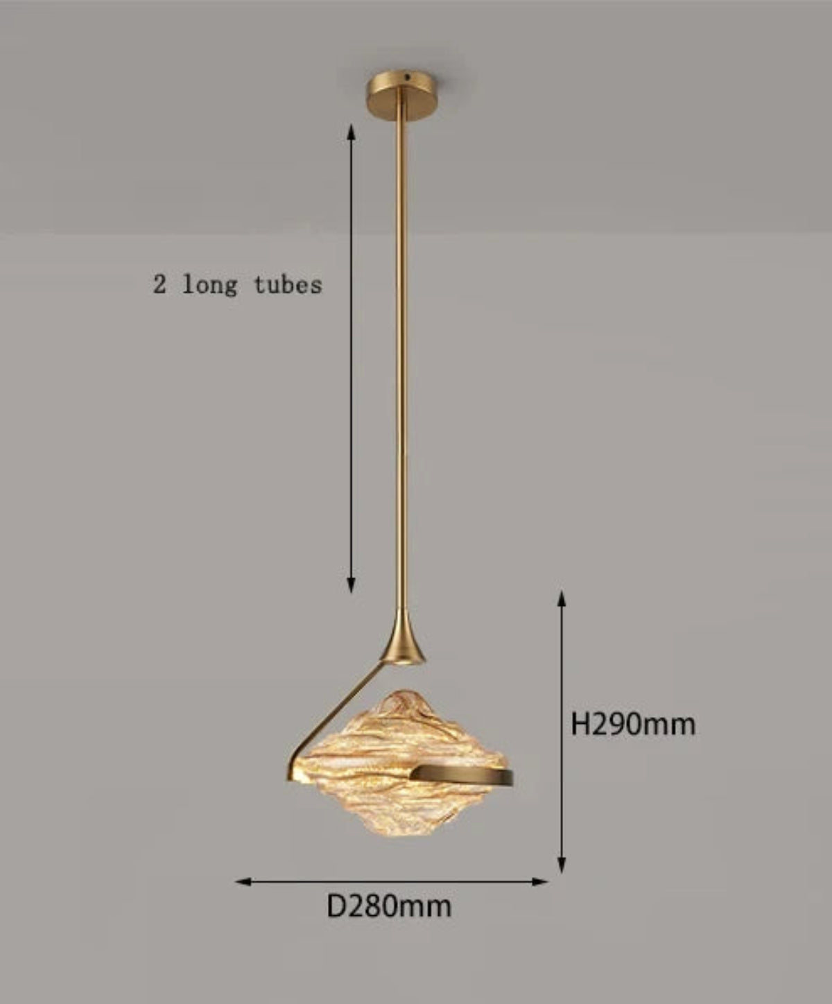 Dimension diagram of a single amber wave glass geometric pendant light on a gold stem with round ceiling canopy showing 280mm width and 290mm height — LivDecor
