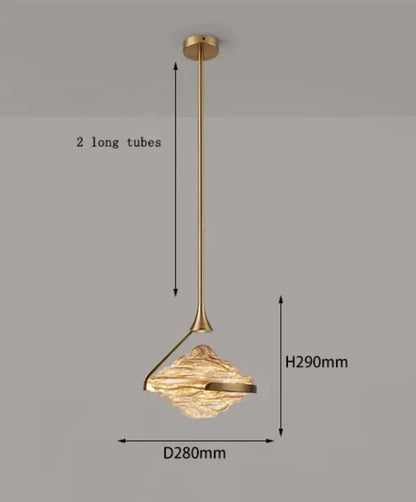 Dimension diagram of a single amber wave glass geometric pendant light on a gold stem with round ceiling canopy showing 280mm width and 290mm height — LivDecor
