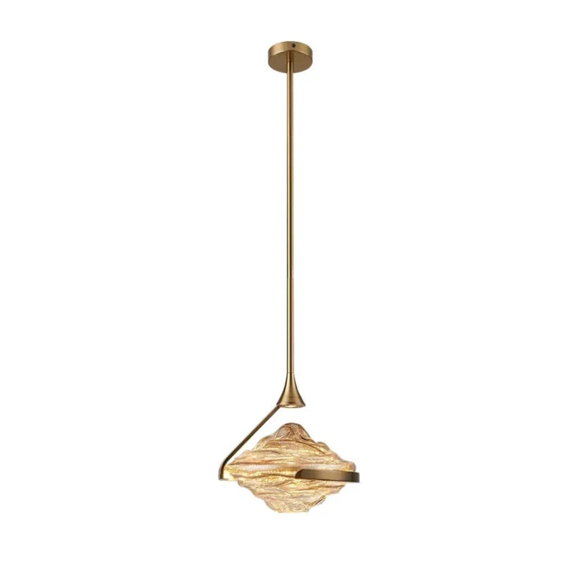 Single amber wave glass geometric pendant light on a gold stem with round ceiling canopy against a white background — LivDecor