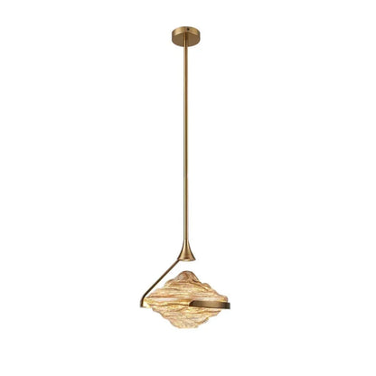 Single amber wave glass geometric pendant light on a gold stem with round ceiling canopy against a white background — LivDecor