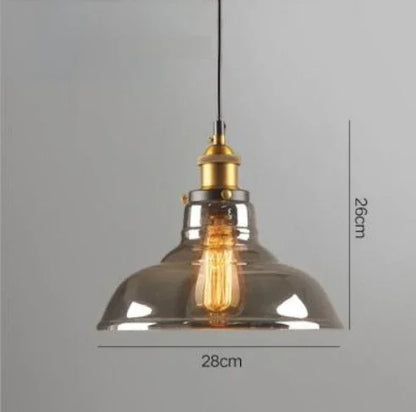 Single smoky gray wide-brim barn glass pendant light with antique brass socket and Edison filament bulb on black cord, 28cm diameter — LivDecor
