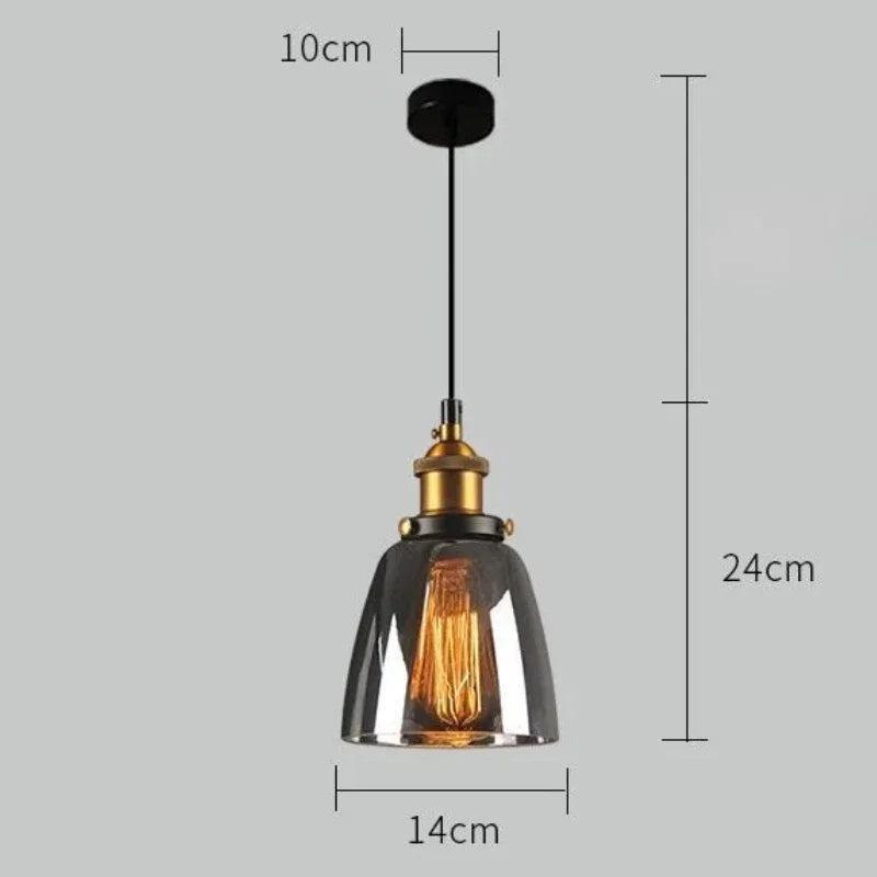 Single smoky gray bell-shaped glass pendant light with antique brass socket and Edison filament bulb on black cord, 14cm diameter — LivDecor
