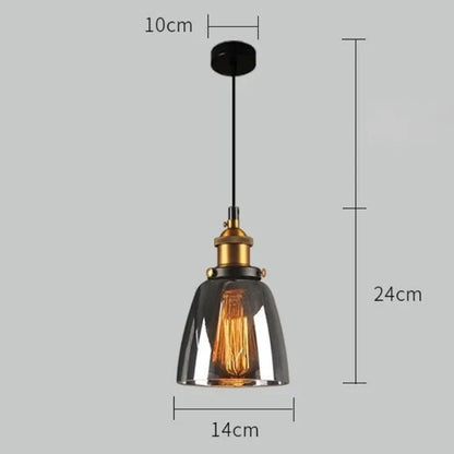 Single smoky gray bell-shaped glass pendant light with antique brass socket and Edison filament bulb on black cord, 14cm diameter — LivDecor
