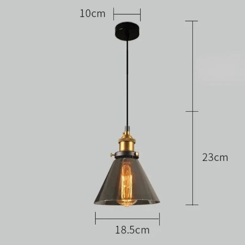 Single smoky gray glass cone pendant light with antique brass socket and Edison filament bulb on black cord, 18.5cm diameter, 23cm height — LivDecor

