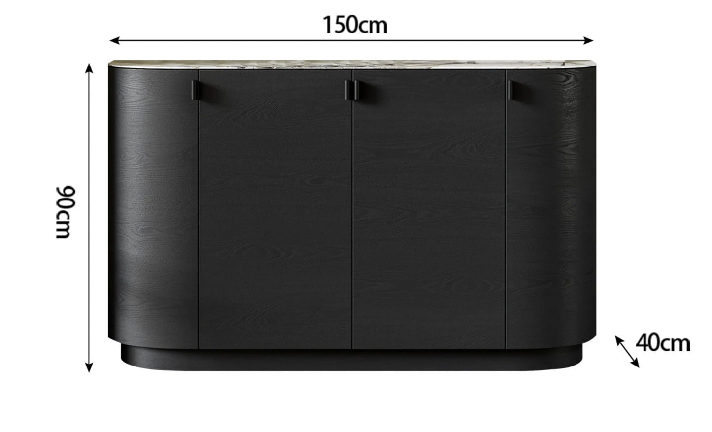 Aura Glass Wabi-Sabi display cabinet dimension diagram showing 150cm width, 90cm height, and 40cm depth — LivDecor
