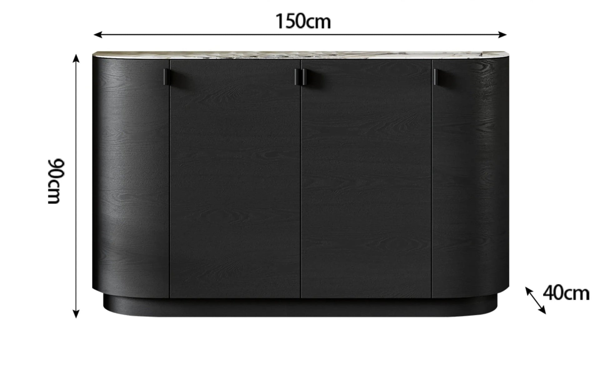 Aura Glass Wabi-Sabi display cabinet dimension diagram showing 150cm width, 90cm height, and 40cm depth — LivDecor
