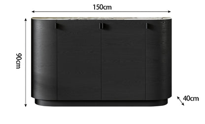 Aura Glass Wabi-Sabi display cabinet dimension diagram showing 150cm width, 90cm height, and 40cm depth — LivDecor
