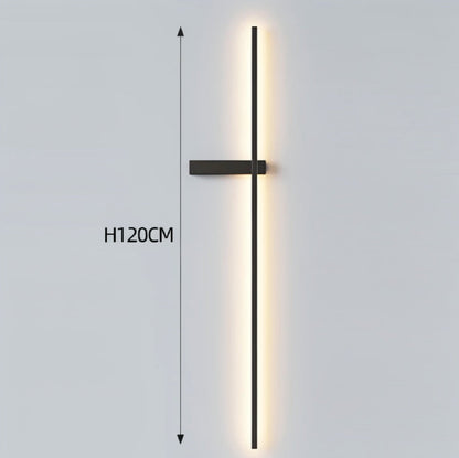 Black minimalist linear LED wall sconce with left-facing mounting arm emitting a warm glow, showing 120cm height on a grey background — LivDecor
