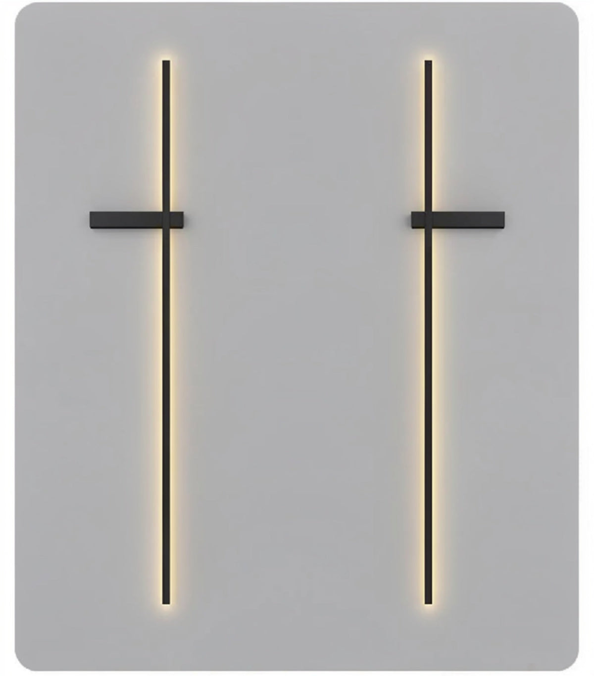 Pair of black minimalist linear LED wall sconces mounted as mirrored left and right versions, both emitting a warm glow on a grey background — LivDecor
