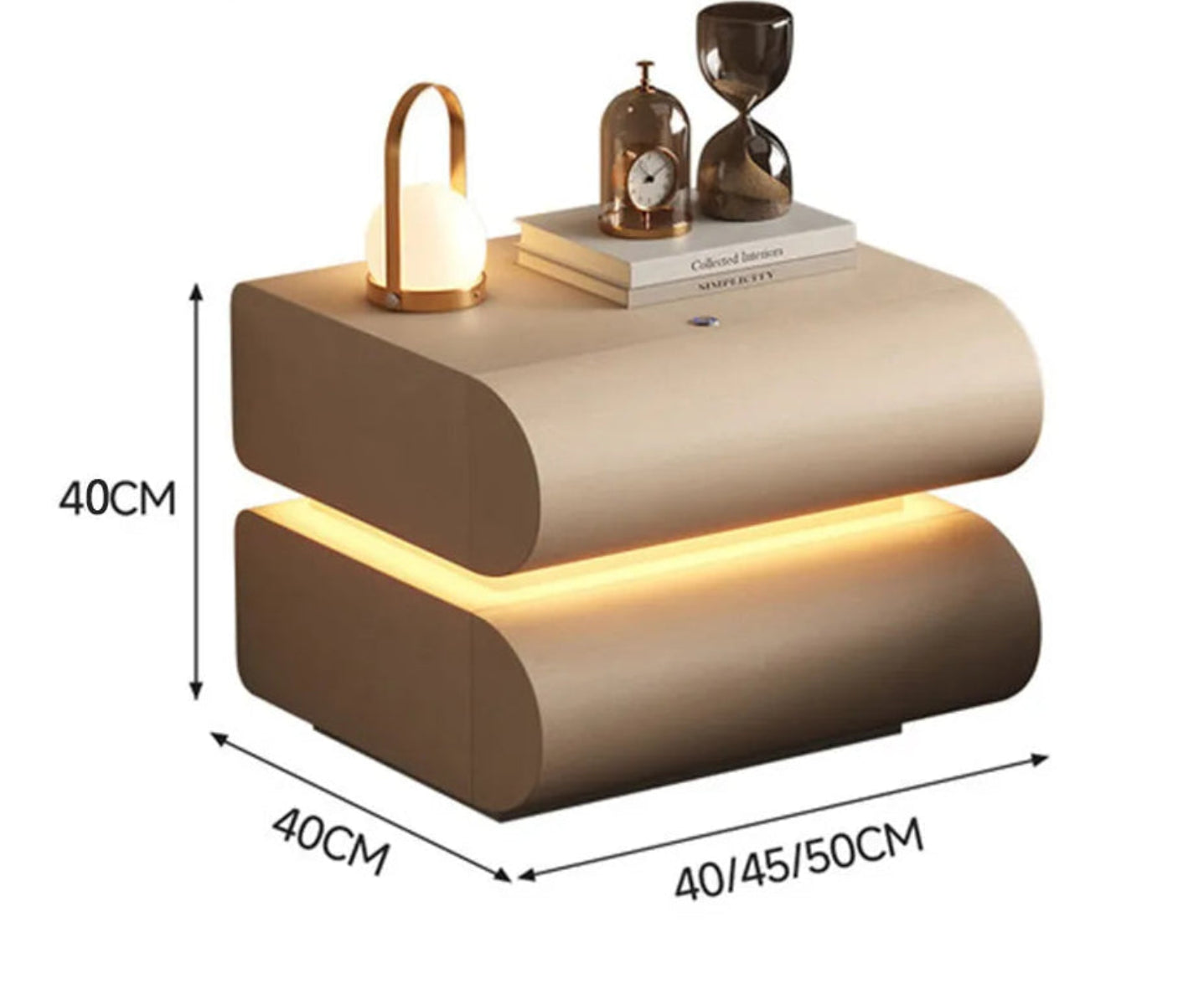 Aura Smart LED luxury nightstand in beige tech leather with S-curve silhouette and warm LED base glow showing dimensions 40x40cm with 40/45/50cm width options — LivDecor
