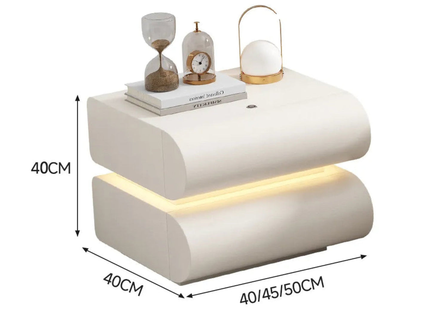 Aura Smart LED luxury nightstand in white cream tech leather with S-curve silhouette and warm LED base glow showing dimensions 40x40cm with 40/45/50cm width options on white background — LivDecor
