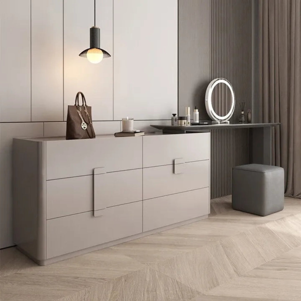 Aura Suite luxury vanity dresser set in greige close 3/4 angle view highlighting drawer hardware detail and seamless dresser-to-vanity desk surface transition with round LED mirror and cube stool — LivDecor
