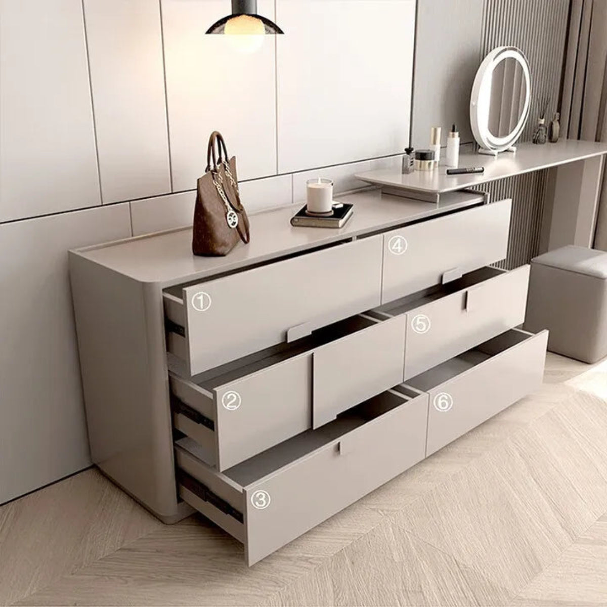 Aura Suite luxury vanity dresser set in light grey with all 6 drawers open and numbered showing interior storage depth and smooth drawer construction from a 3/4 angle — LivDecor
