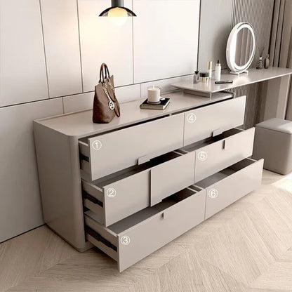 Aura Suite luxury vanity dresser set in light grey with all 6 drawers open and numbered showing interior storage depth and smooth drawer construction from a 3/4 angle — LivDecor
