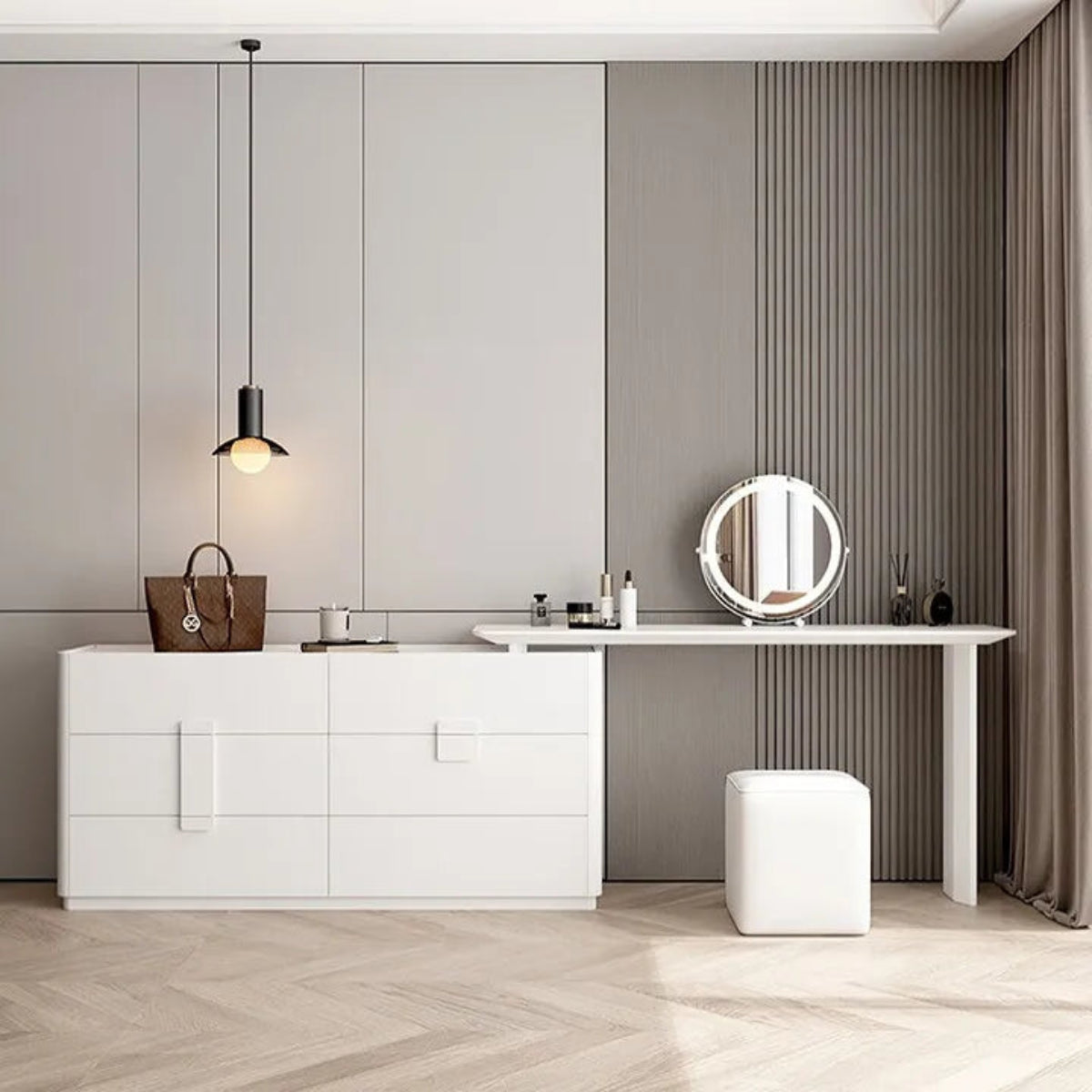 Aura Suite luxury vanity dresser set in white with 6-drawer chest, integrated vanity desk, round LED mirror, and cube stool against a grey fluted panel wall with linen drapes in a minimalist bedroom — LivDecor
