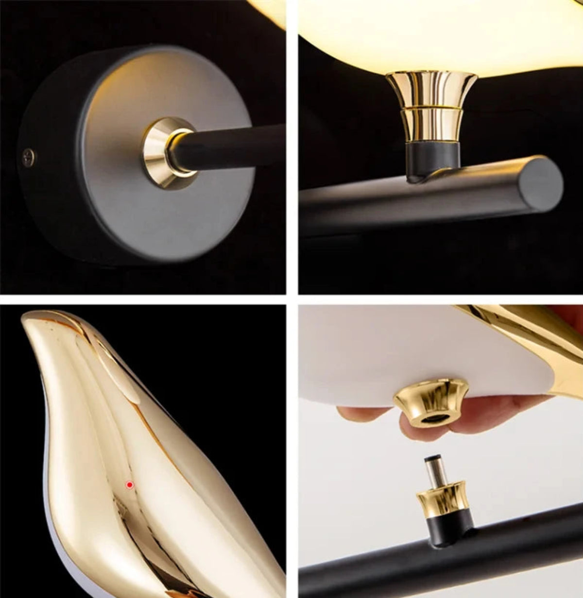 Avis Modern Origami Bird LED wall sconce four-panel construction detail showing matte black wall plate with gold collar, trumpet pivot connector, mirror gold bird body, and screw-fit assembly joint — LivDecor
