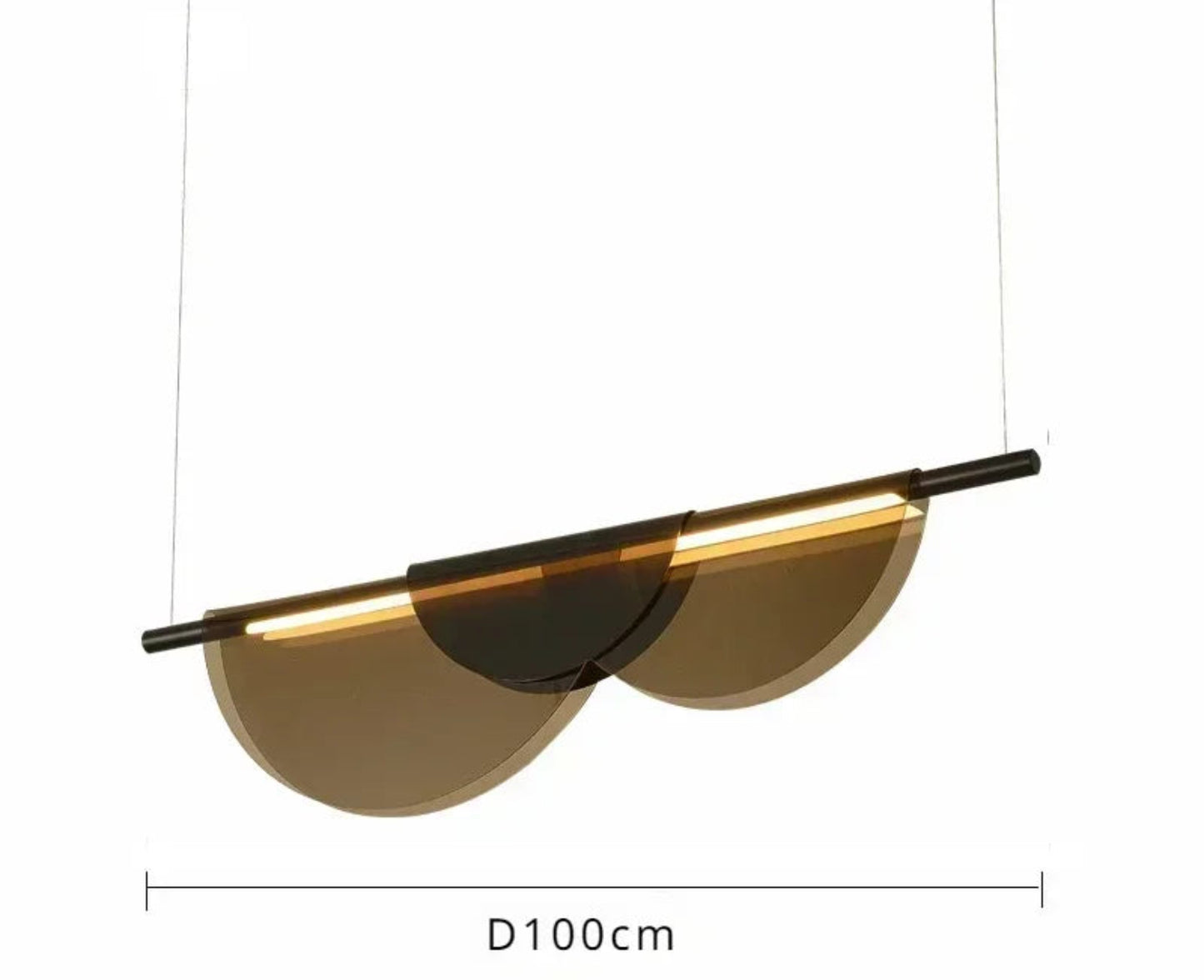 Black and bronze acrylic petal pendant light measuring 100cm wide by 12cm deep by 25cm tall with a black hardware rod and LED dual color light source, shown on a white background with dimensions — LivDecor