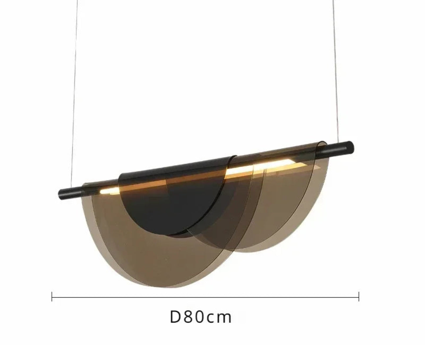 Black and bronze acrylic petal pendant light measuring 80cm wide by 12cm deep by 25cm tall with a black hardware rod and LED dual color light source, shown on a white background with dimensions — LivDecor