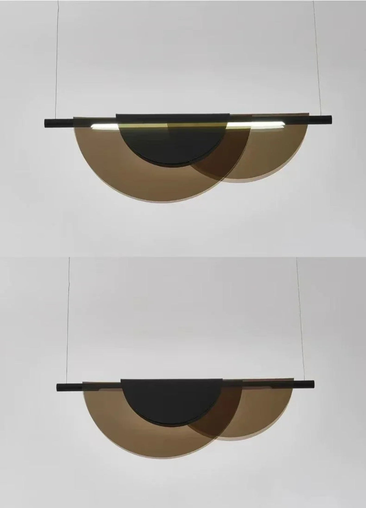 Black and bronze acrylic petal pendant light shown in two views — illuminated with warm LED glow and unlit — suspended against a grey wall, demonstrating the dual color LED light source — LivDecor