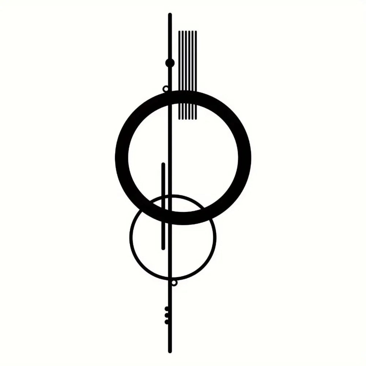 Black metal geometric abstract wall art featuring a double circle and vertical line design on a white background — LivDecor