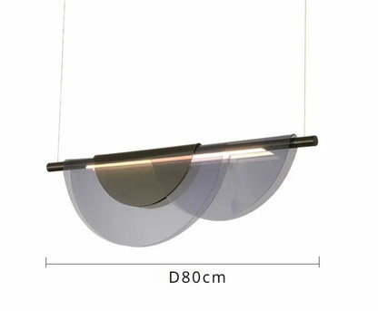 Blue acrylic petal pendant light measuring 80cm wide by 12cm deep by 25cm tall with a black hardware rod and LED dual color light source, shown on a white background with dimensions — LivDecor