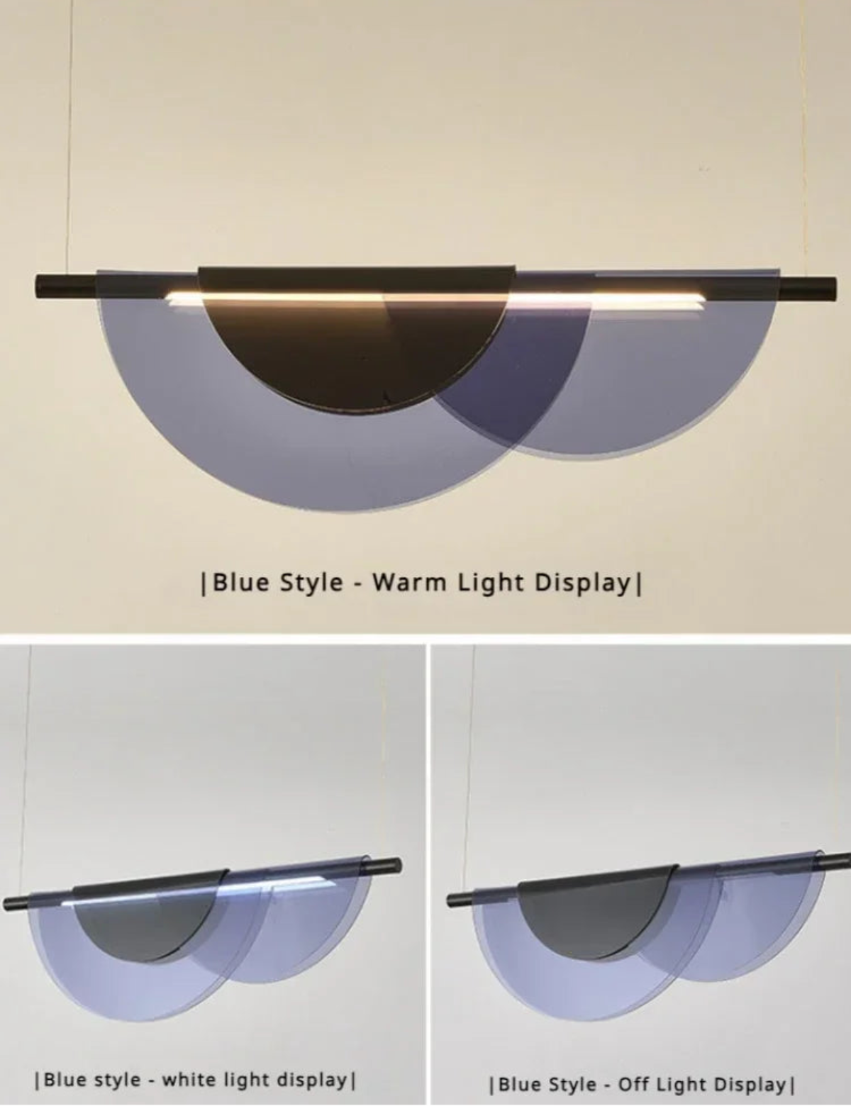 Blue acrylic petal pendant light shown in three light modes — warm light, cool white light, and off — suspended against a cream wall — LivDecor