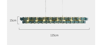 Blue glass and iron linear chandelier 125cm wide with gold ceiling mount and adjustable 180cm hanging cord shown with dimensions and G9x8 light source specifications — LivDecor 