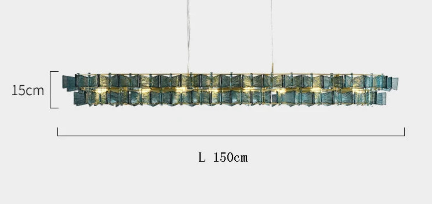Blue glass and iron linear chandelier 150cm wide with gold ceiling mount and adjustable 180cm hanging cord shown with dimensions and G9 light source specifications — LivDecor