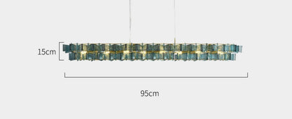 Blue glass and iron linear chandelier 95cm wide with gold ceiling mount and adjustable 180cm hanging cord shown with dimensions and G9 light source specifications — LivDecor