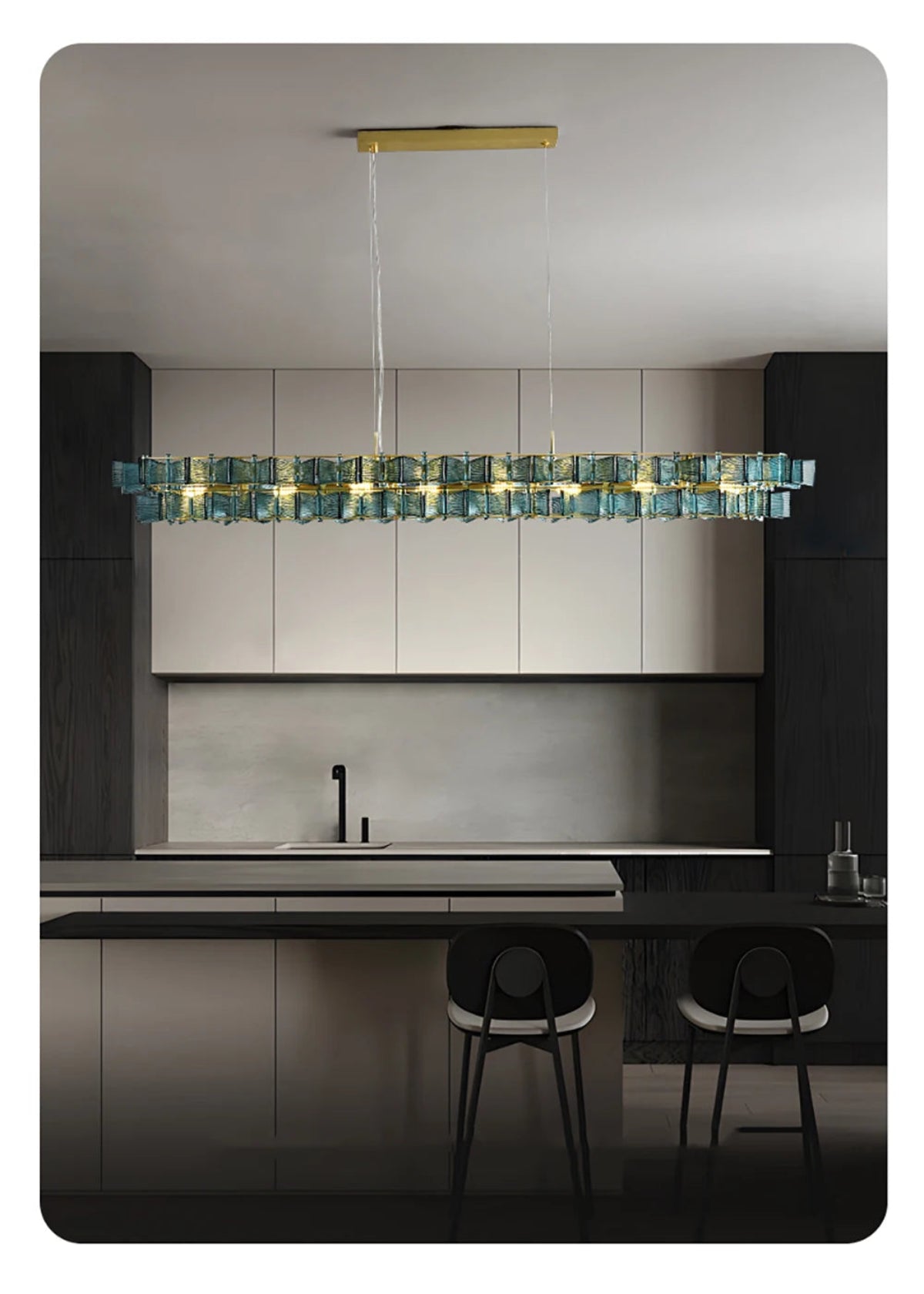 Blue ribbed glass iron linear chandelier with gold rectangular ceiling mount hanging above a dark modern kitchen island with bar stools — LivDecor