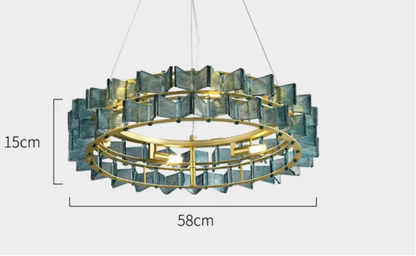 Blue glass and iron round chandelier 58cm diameter and 15cm tall with gold ring frame and adjustable 180cm hanging cord shown with dimensions and G9x6 light source specification — LivDecor