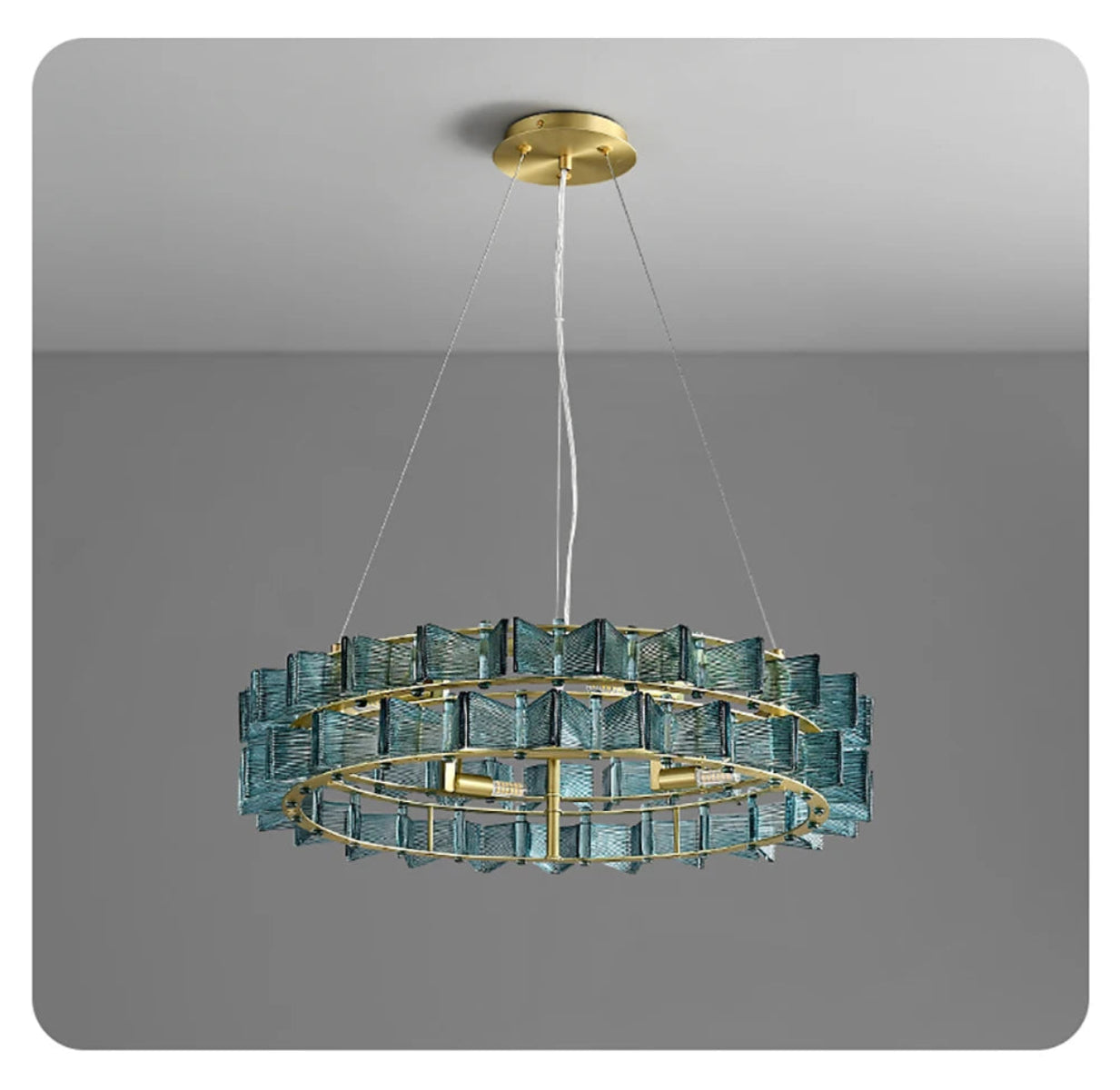 Blue ribbed glass iron round chandelier 58cm diameter with gold circular ring frame and ceiling mount displayed against a neutral grey gradient background — LivDecor
