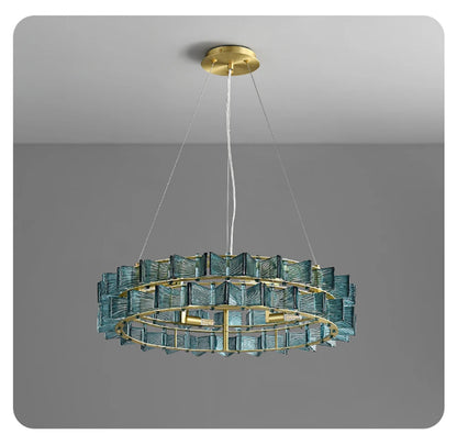 Blue ribbed glass iron round chandelier 58cm diameter with gold circular ring frame and ceiling mount displayed against a neutral grey gradient background — LivDecor
