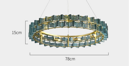 Blue glass and iron round chandelier 78cm diameter with gold ring frame and adjustable 180cm hanging cord shown with dimensions and G9x9 light source specifications — LivDecor