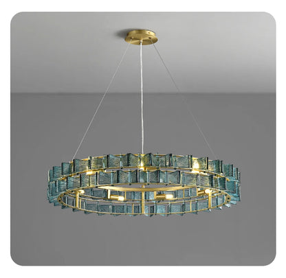 Blue ribbed glass iron round chandelier 78cm diameter with gold circular ring frame and ceiling mount displayed against a neutral grey gradient background — LivDecor