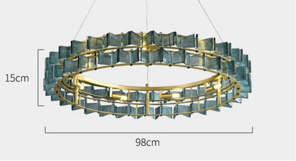 Blue glass and iron round chandelier 98cm diameter and 15cm tall with gold ring frame and adjustable 180cm hanging cord shown with dimensions and G9x12 light source specification — LivDecor
