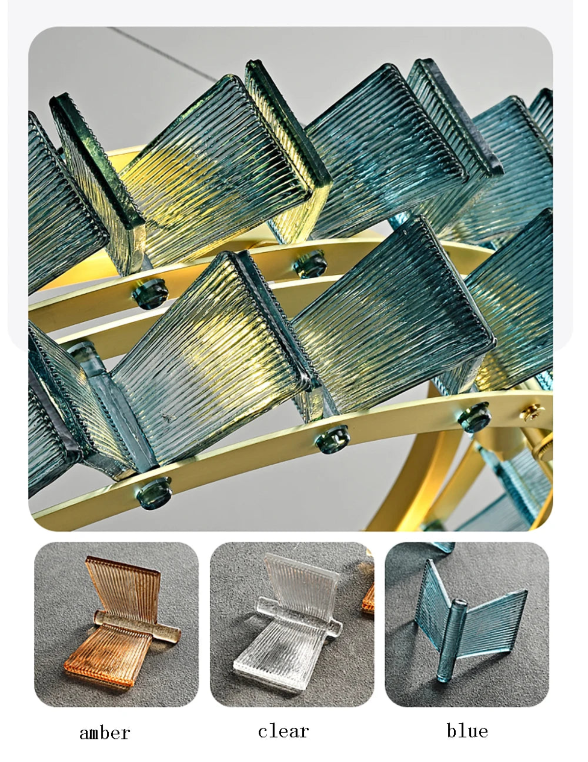 Close-up of blue ribbed glass panels mounted on gold ring frame of the round chandelier with colorway comparison swatches showing amber clear and blue glass options — LivDecor