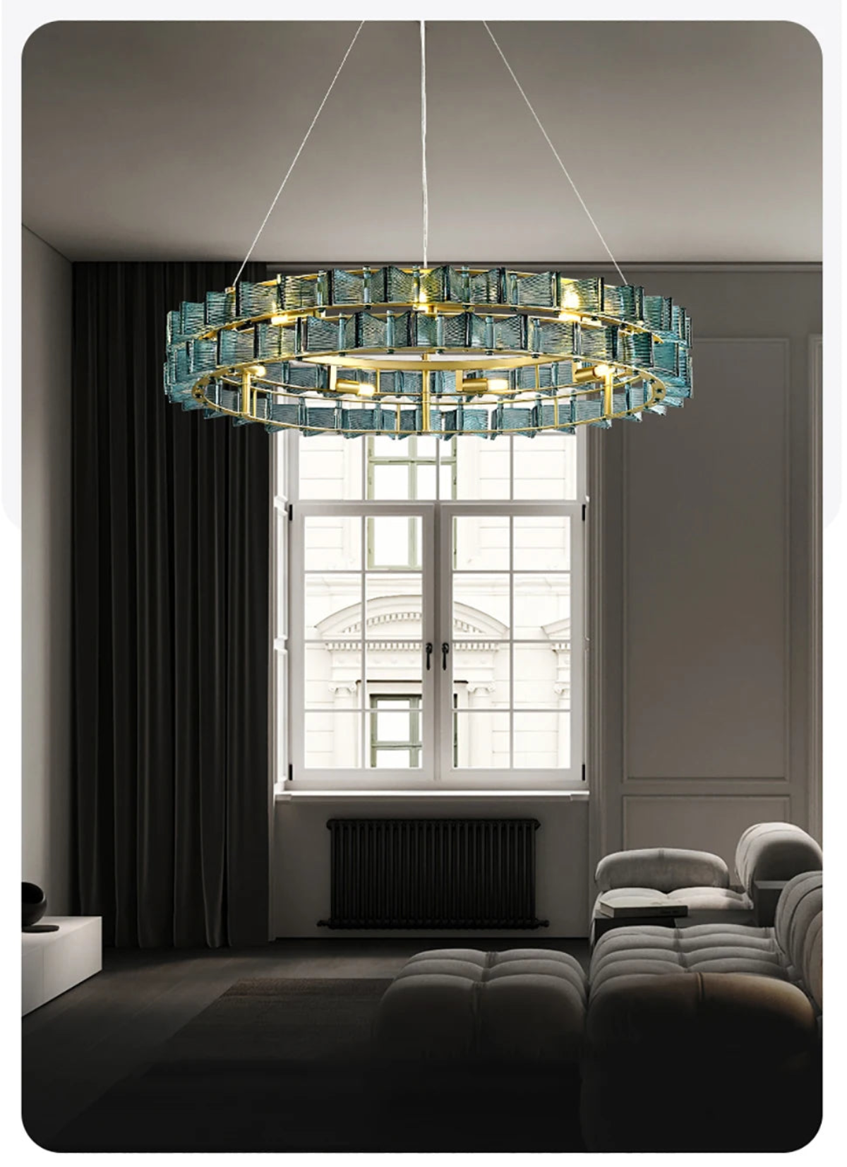 Blue ribbed glass iron round chandelier with gold frame hanging in a moody dark living room with tall European windows and contemporary grey sofa — LivDecor