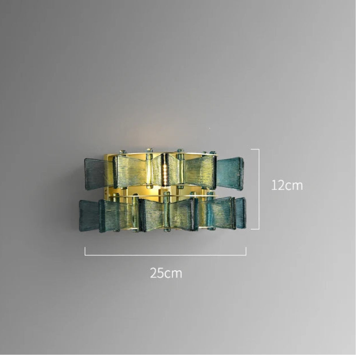 Blue glass and iron wall sconce 25cm wide and 12cm tall with gold frame shown with dimensions — LivDecor
