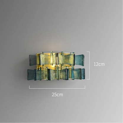 Blue glass and iron wall sconce 25cm wide and 12cm tall with gold frame shown with dimensions — LivDecor