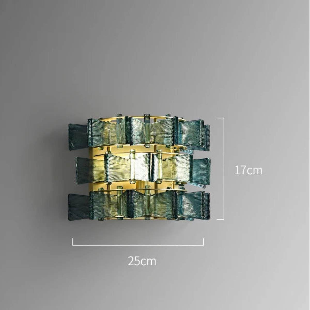 Blue glass and iron wall sconce 25cm wide and 17cm tall with gold frame shown with dimensions — LivDecor