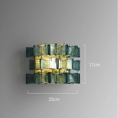 Blue glass and iron wall sconce 25cm wide and 17cm tall with gold frame shown with dimensions — LivDecor