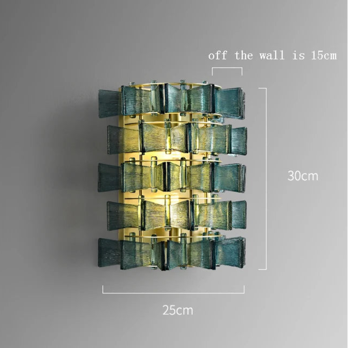 Blue glass and iron wall sconce 25cm wide and 30cm tall with gold frame and G9x2 light source shown with dimensions — LivDecor