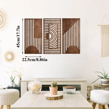 Dimension chart for 3-piece boho geometric laser-cut wooden wall art set showing each panel at 45cm/17.7in tall by 22.5cm/8.86in wide, displayed in a bright boho living room with macramé and rattan decor — LivDecor